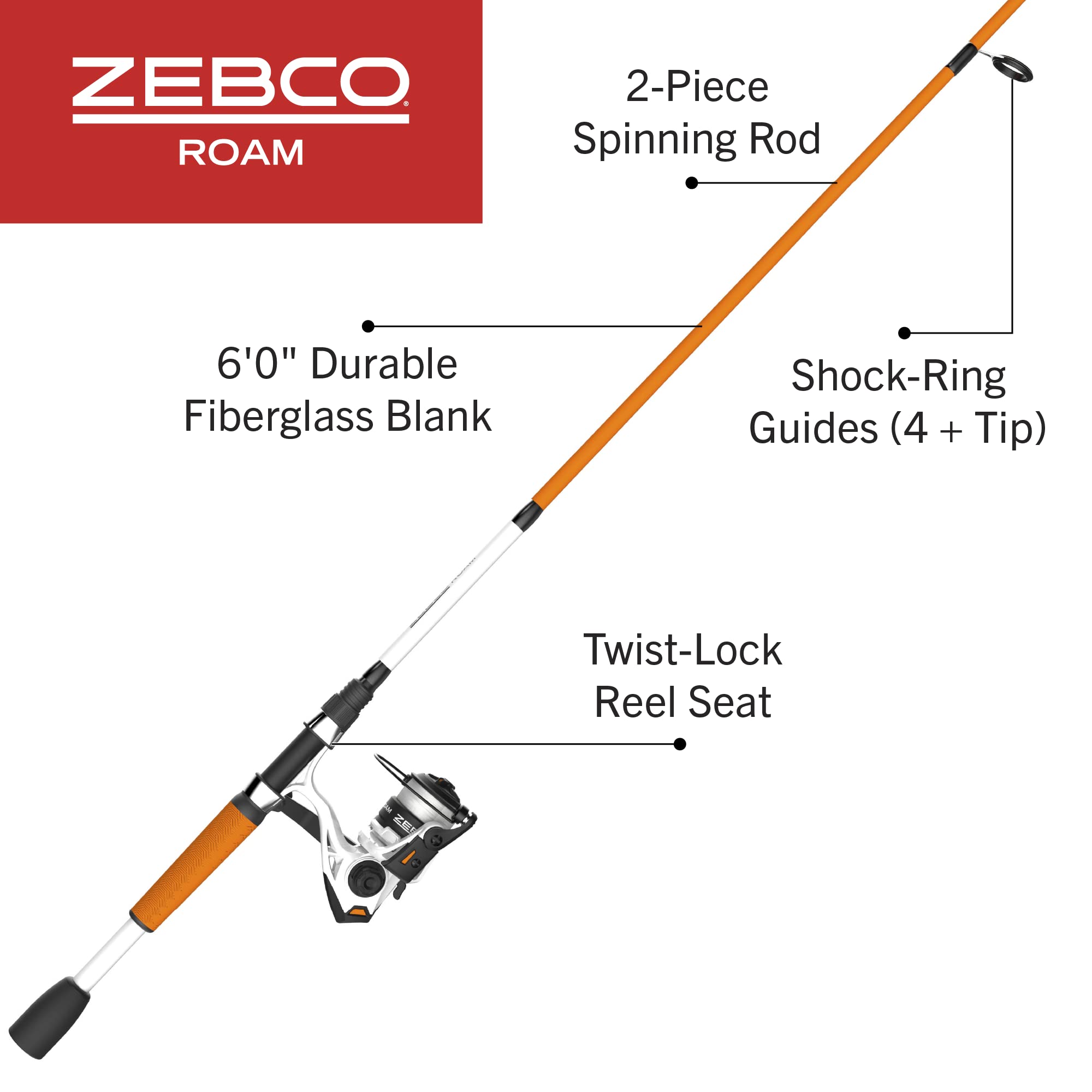 Zebco Roam Spinning Reel and Fishing Rod Combo, 6-Foot Fiberglass Fishing Pole, Split ComfortGrip Handle, Soft-Touch Handle Knob, Changeable Right- or Left-Hand Retrieve