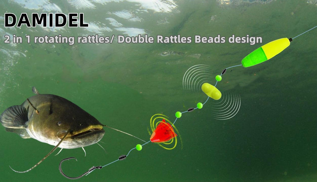 6Pcs Catfish Fishing Rigs Ready Kit，2 in 1 Rotating rattles/Double Rattles Beads, Float Rigs Tackle Santee Rig Peg Catfish，Free Adjustment in freshwter and Saltwater