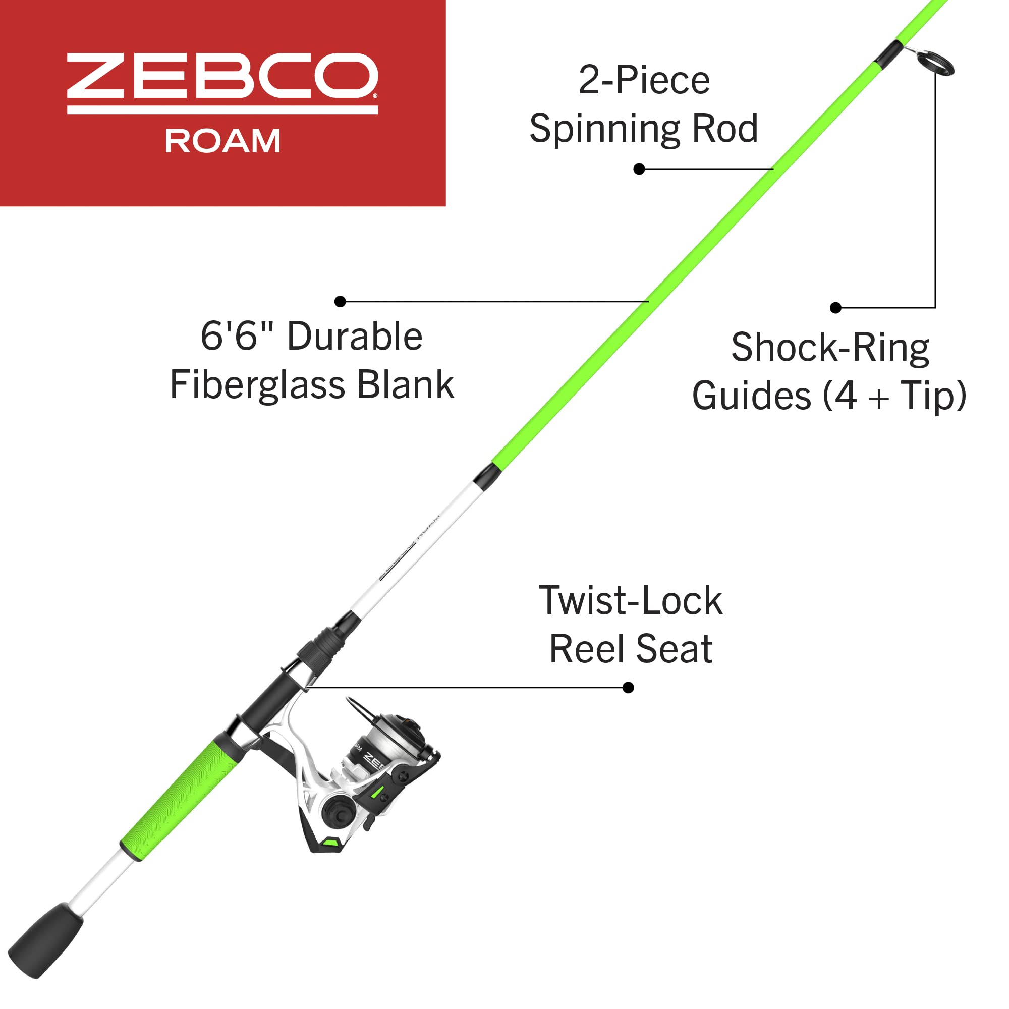 Zebco Roam Spinning Reel and Fishing Rod Combo, 6-Foot Fiberglass Fishing Pole, Split ComfortGrip Handle, Soft-Touch Handle Knob, Changeable Right- or Left-Hand Retrieve