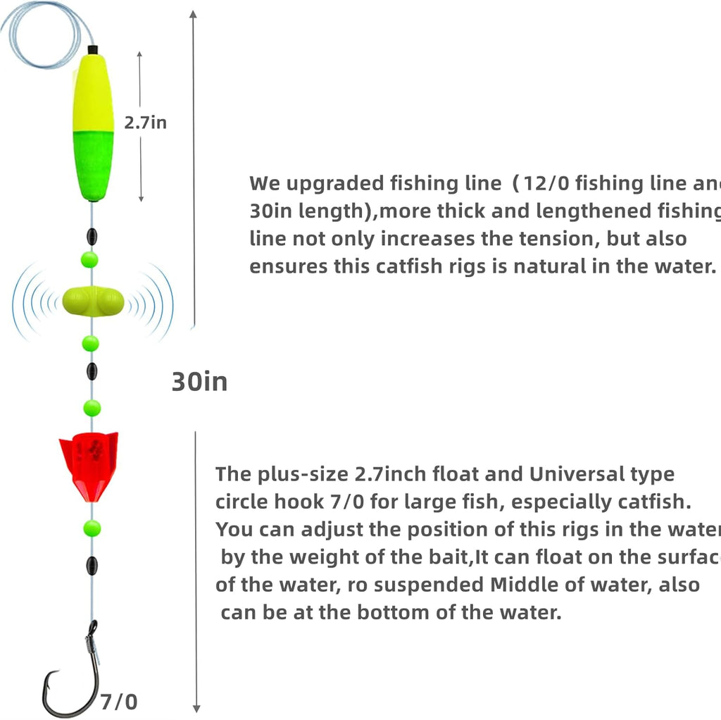 6Pcs Catfish Fishing Rigs Ready Kit，2 in 1 Rotating rattles/Double Rattles Beads, Float Rigs Tackle Santee Rig Peg Catfish，Free Adjustment in freshwter and Saltwater