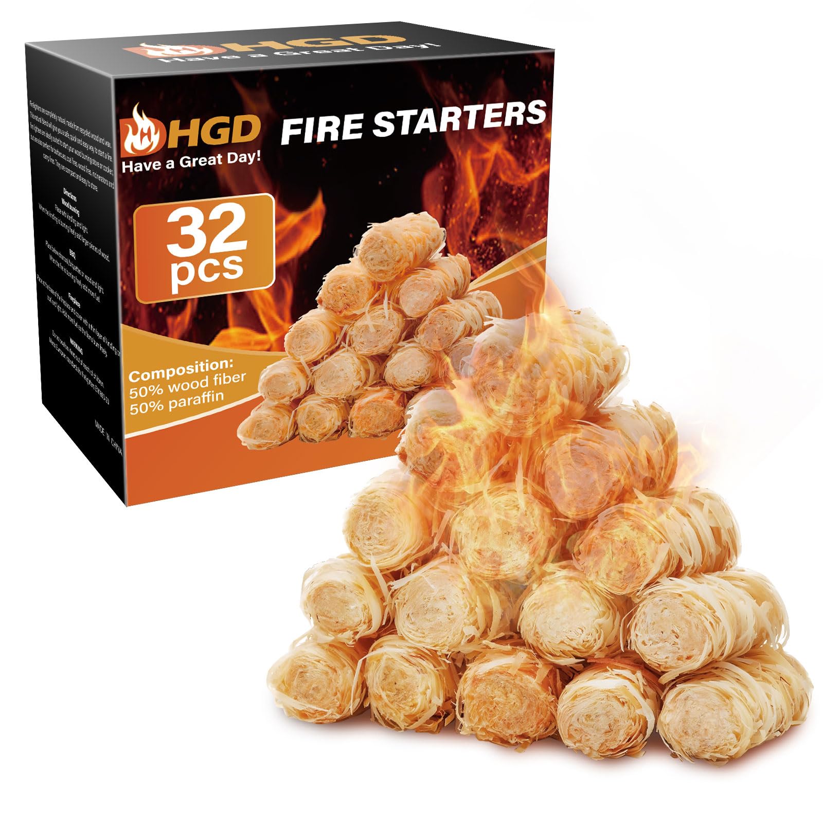 HGD Fire Starter, Mini Natural Fire Starters for Campfires, BBQ Grill, Charcoal Chimney, Outdoor Pit, Indoor Fireplace, Wood Stove - Water Resistant Firestarter Sticks - Camping Accessories Essentials