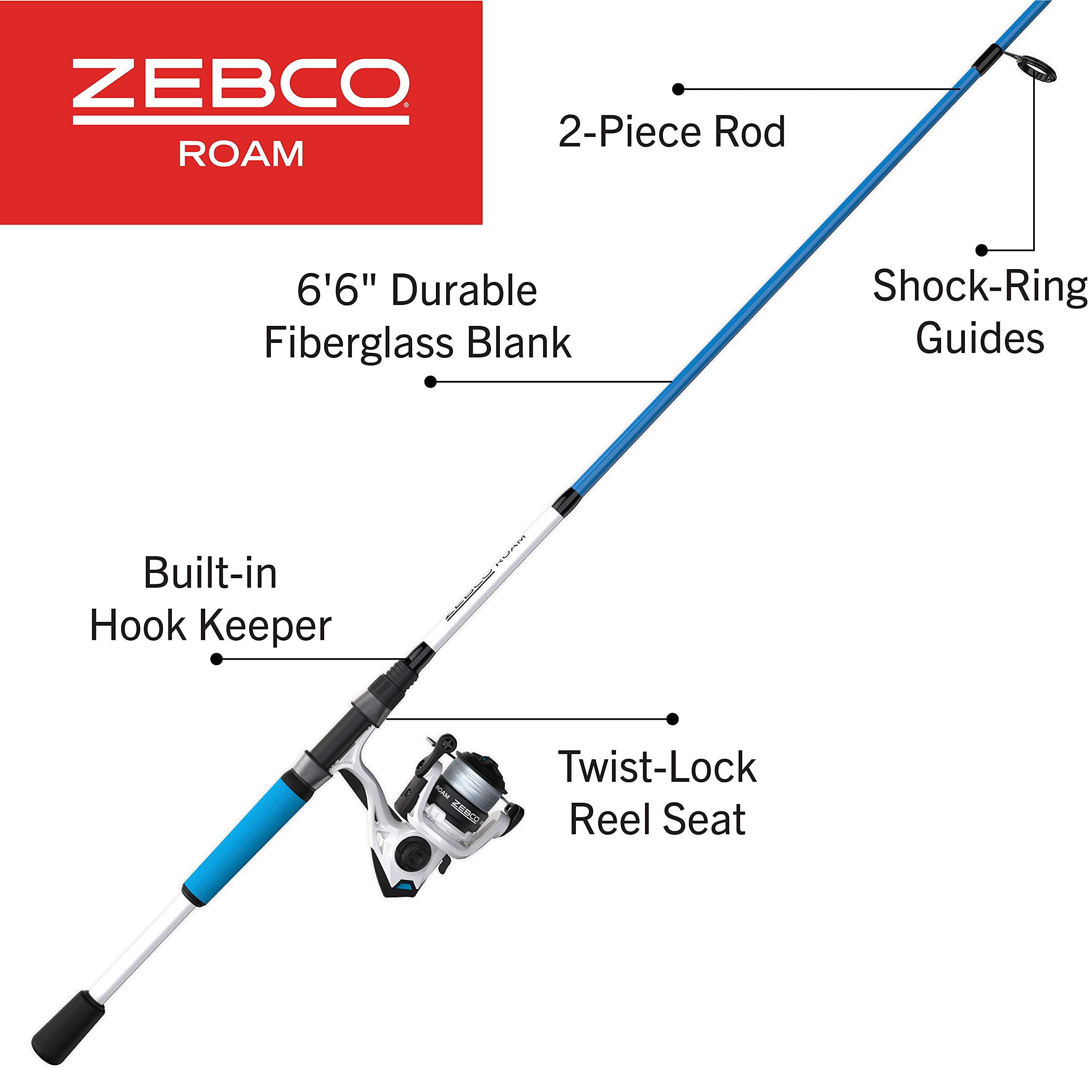 Zebco Roam Spinning Reel and Fishing Rod Combo, 6-Foot Fiberglass Fishing Pole, Split ComfortGrip Handle, Soft-Touch Handle Knob, Changeable Right- or Left-Hand Retrieve