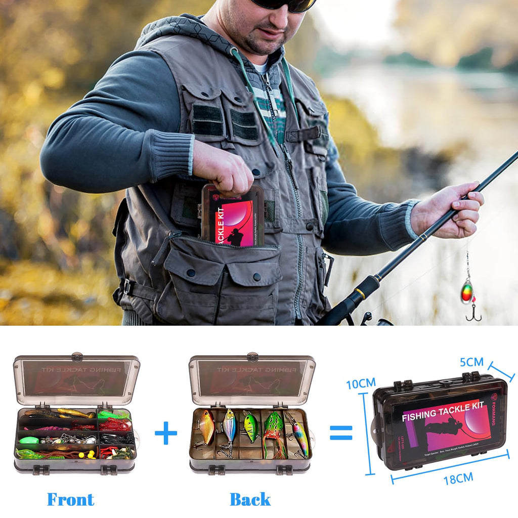 FONMANG Fishing Lures - Tackle Box with Tackle Included, Fishing Kit with VIBs, Frogs, Minnows, Soft Baits, Hooks & Weights Accessories, Freshwater Lure Kit for Bass Walleye Trout