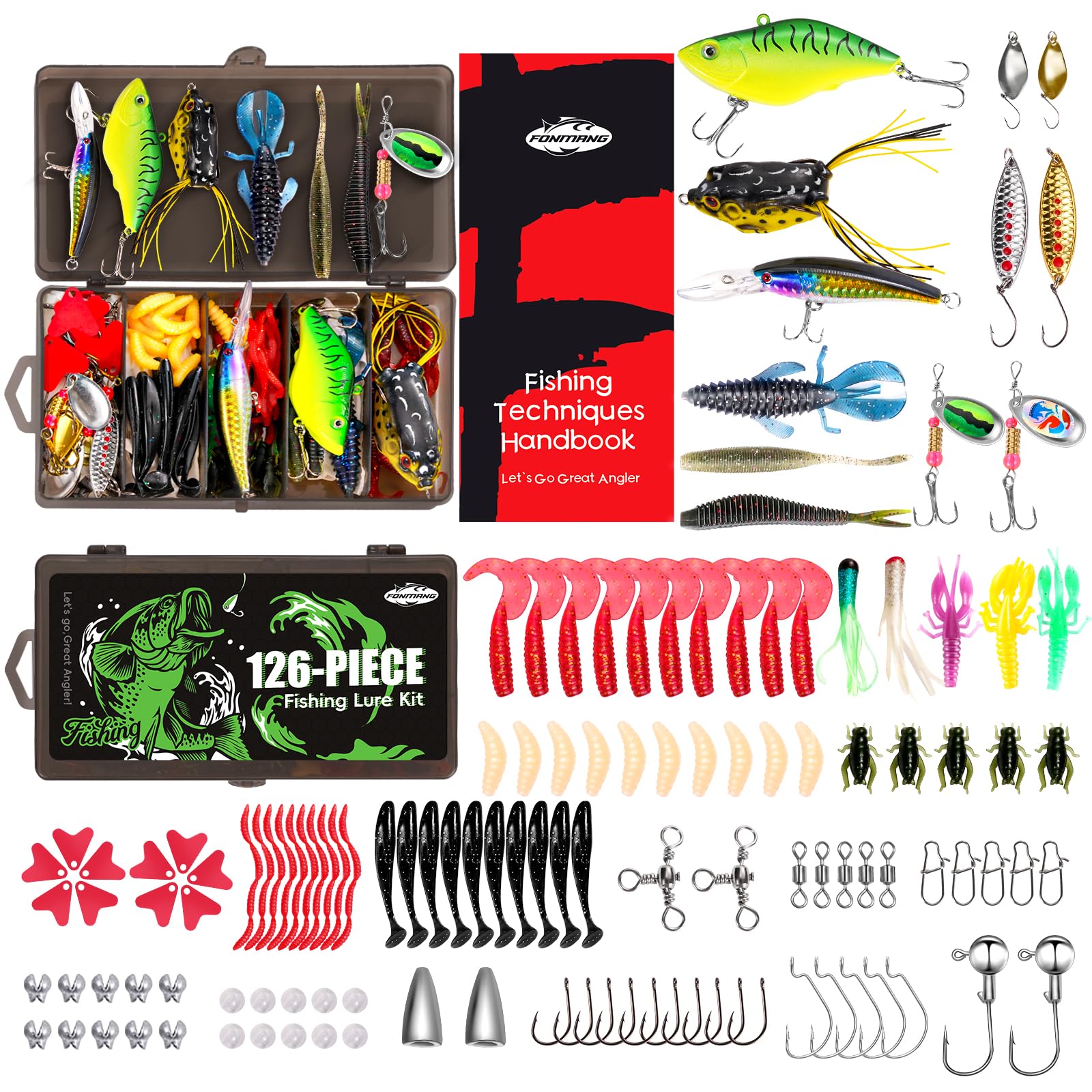 FONMANG Fishing Lures - Tackle Box with Tackle Included, Fishing Kit with VIBs, Frogs, Minnows, Soft Baits, Hooks & Weights Accessories, Freshwater Lure Kit for Bass Walleye Trout