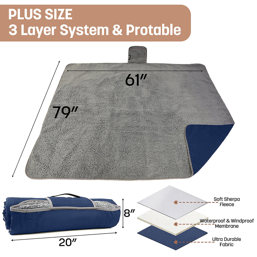 Tirrinia Waterproof Outdoor Blanket with Sherpa Lining, Windproof Triple Layers Warm Comfy Foldable for Camping Stadium, Beach, Picnic, Grass, Concerts, Car, Dog, 51''X 59'' & 59''X 80''