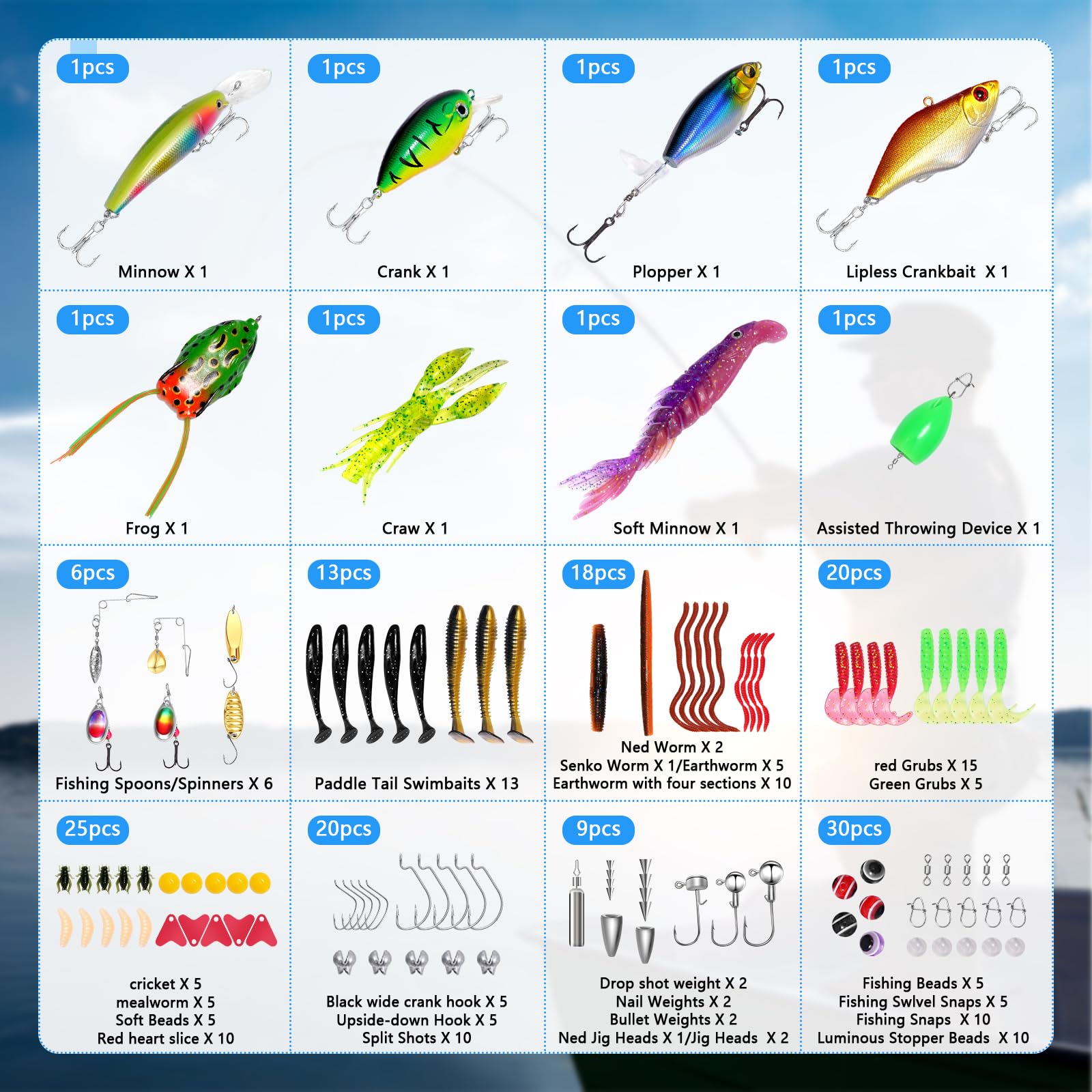 FONMANG Fishing Lures - Tackle Box with Tackle Included, Fishing Kit with VIBs, Frogs, Minnows, Soft Baits, Hooks & Weights Accessories, Freshwater Lure Kit for Bass Walleye Trout