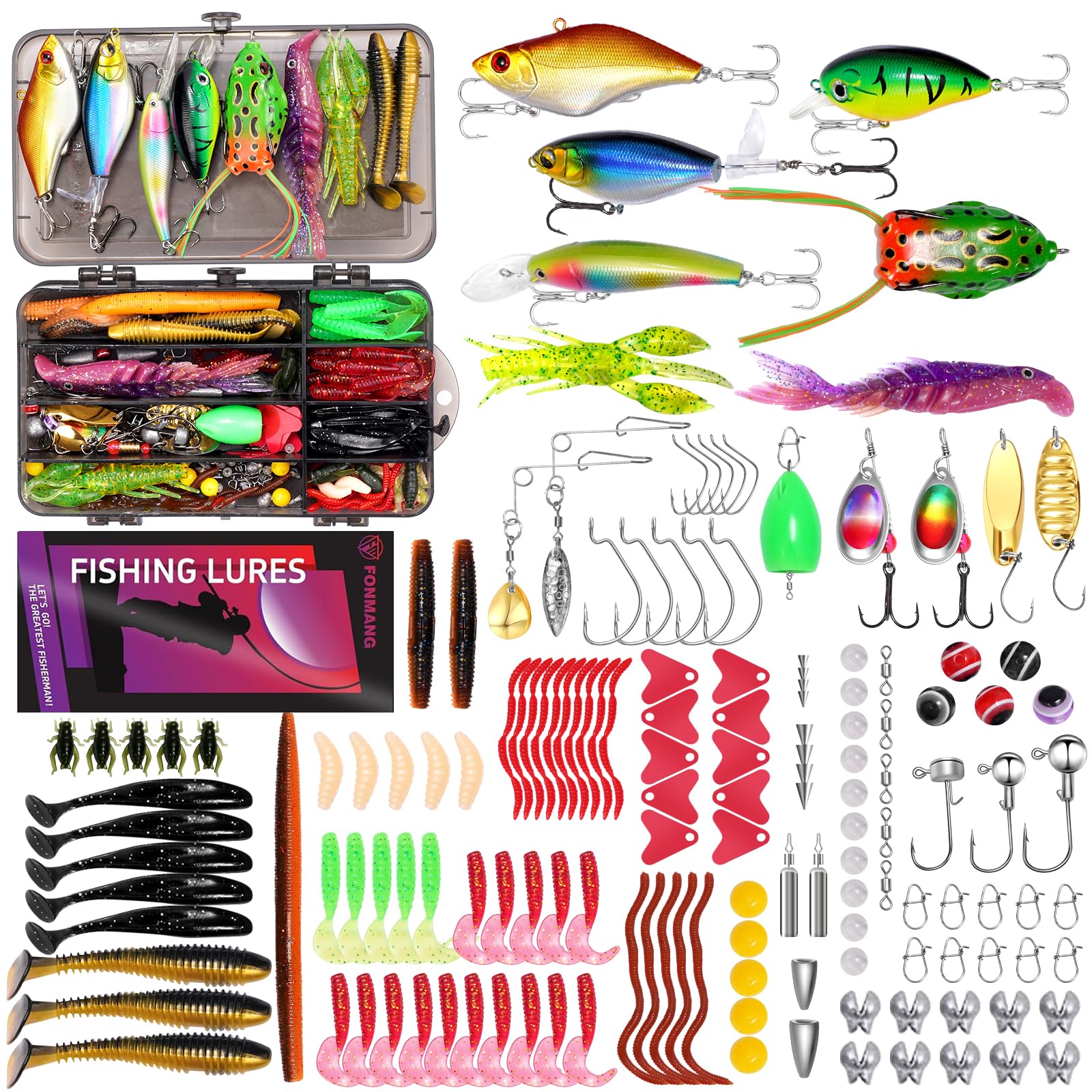 FONMANG Fishing Lures - Tackle Box with Tackle Included, Fishing Kit with VIBs, Frogs, Minnows, Soft Baits, Hooks & Weights Accessories, Freshwater Lure Kit for Bass Walleye Trout
