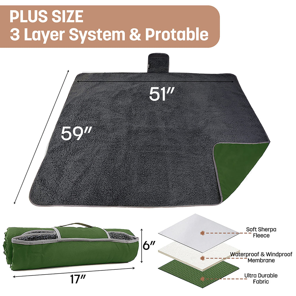 Tirrinia Waterproof Outdoor Blanket with Sherpa Lining, Windproof Triple Layers Warm Comfy Foldable for Camping Stadium, Beach, Picnic, Grass, Concerts, Car, Dog, 51''X 59'' & 59''X 80''
