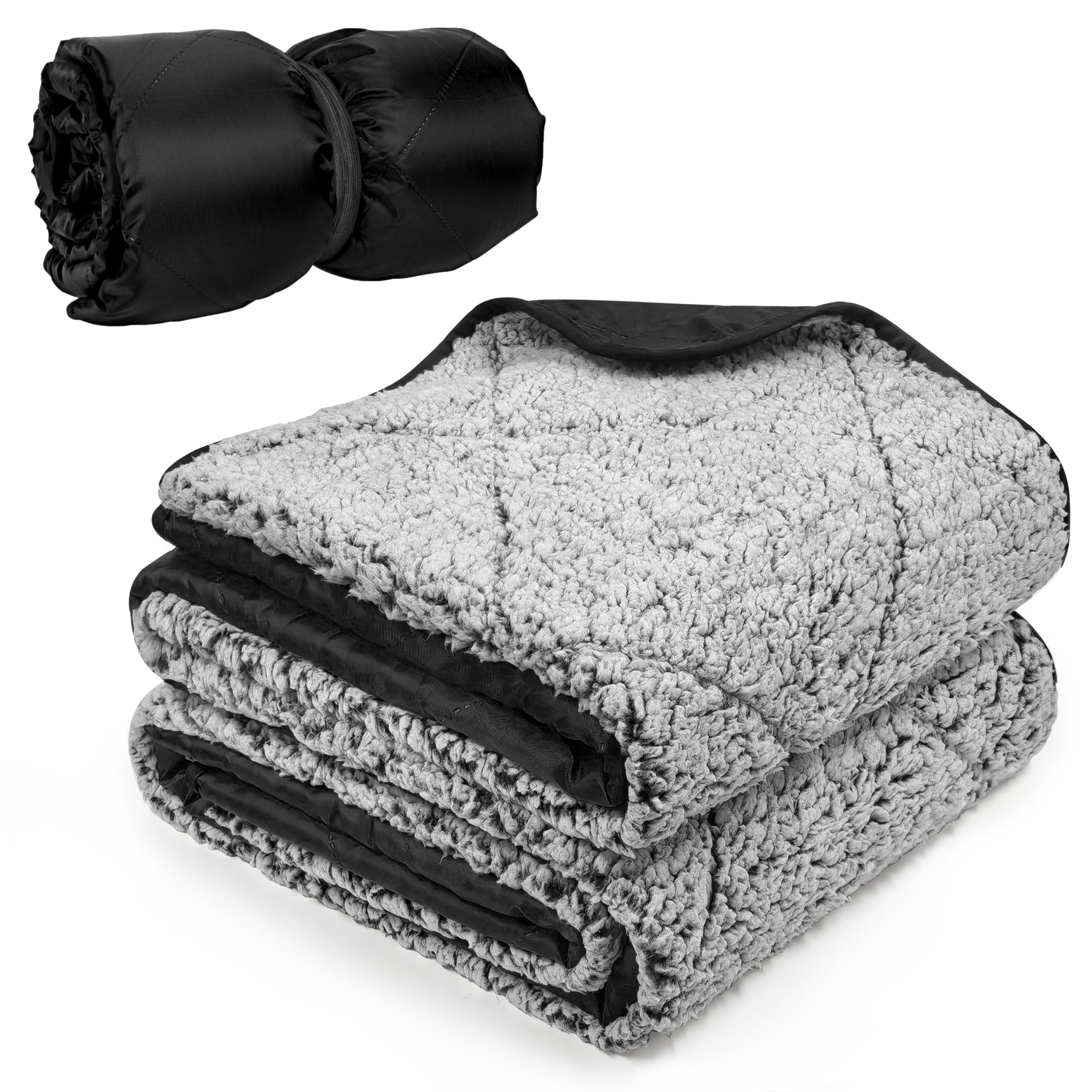 Tirrinia Waterproof Outdoor Blanket with Sherpa Lining, Windproof Triple Layers Warm Comfy Foldable for Camping Stadium, Beach, Picnic, Grass, Concerts, Car, Dog, 51''X 59'' & 59''X 80''