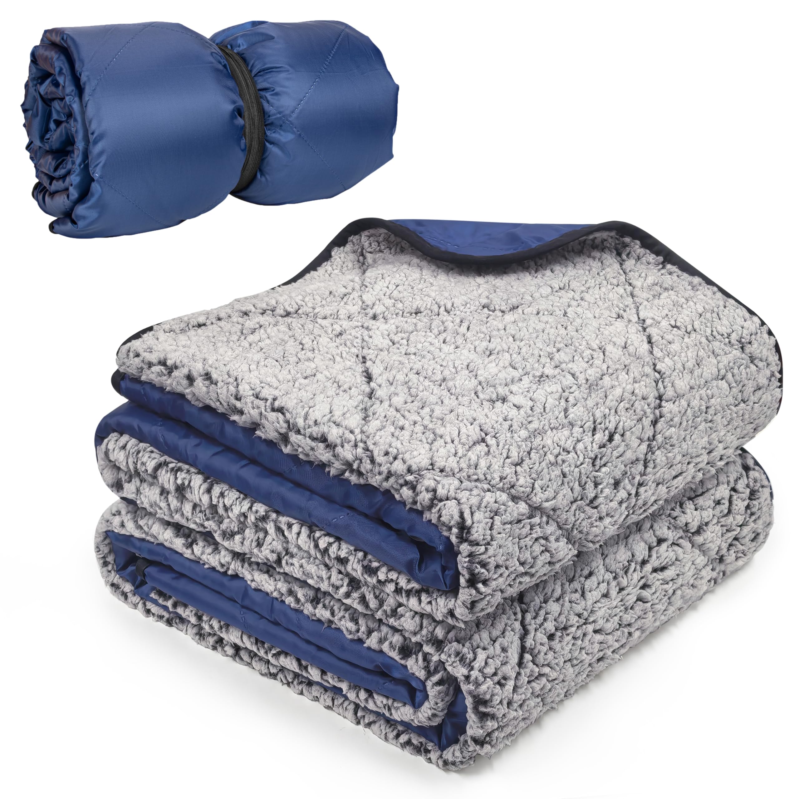 Tirrinia Waterproof Outdoor Blanket with Sherpa Lining, Windproof Triple Layers Warm Comfy Foldable for Camping Stadium, Beach, Picnic, Grass, Concerts, Car, Dog, 51''X 59'' & 59''X 80''