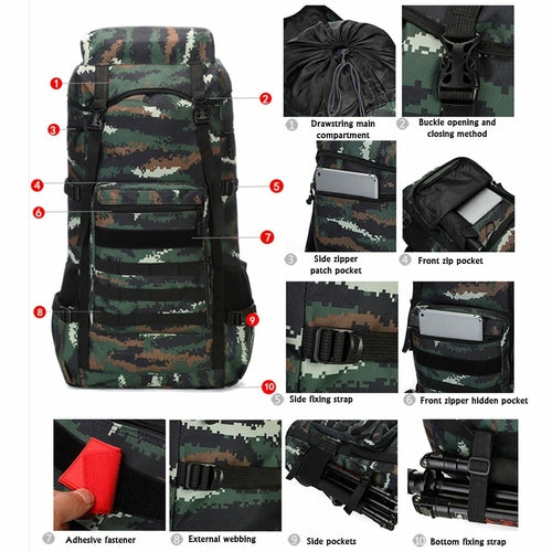 70L Waterproof Military Camping Backpack